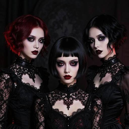 Digital gothic art of three pale women with dark makeup, black lace dresses, red and black hair, and intense stares, against a dark background.