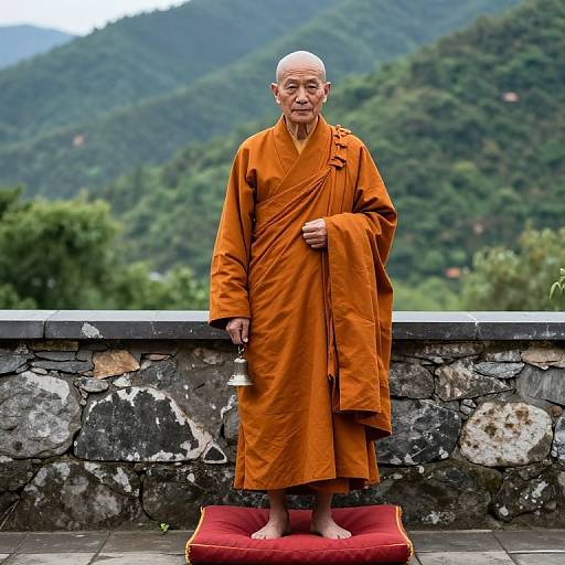 Photograph of an elderly bald Buddhist monk in orange robes standing on a red cushion, with a mountainous green forest background, against a stone wall.