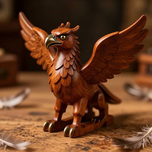Photograph of a detailed, wooden gryphon figurine with outstretched wings, dark brown feathers, and a shiny black beak, set