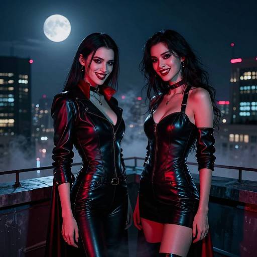 Photograph of two women with pale skin, dark hair, and red lipstick, wearing black leather zip-up dresses, standing on a rooftop at night under