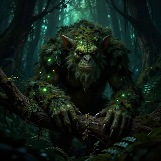 Digital fantasy artwork of a glowing-eyed, dark-furred, wolf-like creature with moss and bioluminescent lights in a dense, eerie forest.