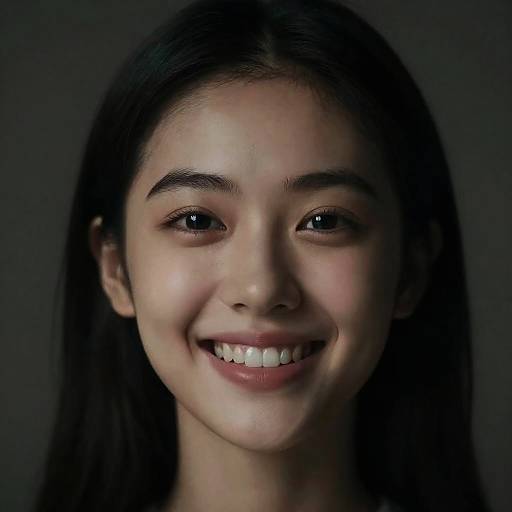 Photograph of a young Asian woman with long black hair, fair skin, and a bright smile, centered against a dark background.