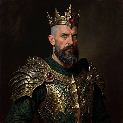 Photograph of a bearded, bald, green-eyed king wearing an ornate, gold, red-jewel-embellished crown and armor