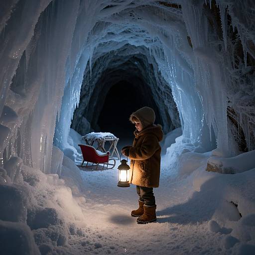Photograph of a child in winter clothes holding a lantern, standing in a glowing icy cave with a red sleigh in the background.