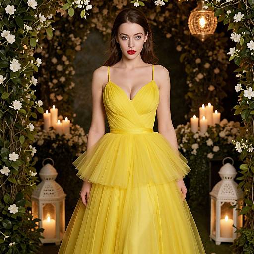 Elegant Woman in Glowing Yellow Gown