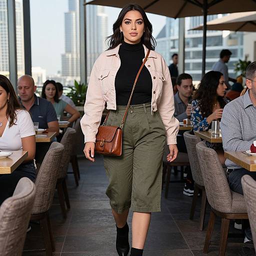 Photograph of a confident woman with medium brown skin, black hair, wearing a pink jacket, black turtleneck, olive green capri pants,