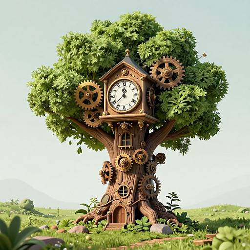 Digital art of a whimsical clock tree with a wooden clockhouse, large gears, and lush green foliage, set in a sunny meadow.