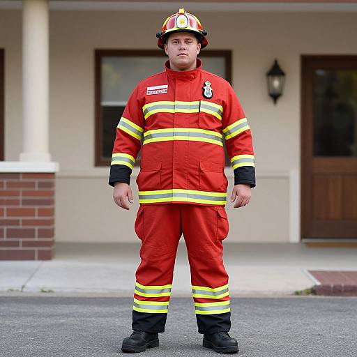 Photograph of a young boy standing in front of a house, wearing a red firefighter uniform with yellow stripes, black boots, and a helmet, looking