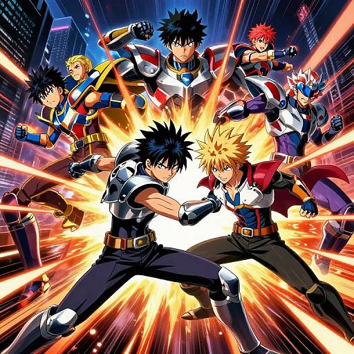 Dynamic anime-style digital artwork of seven fighters in action poses, surrounded by explosive energy, in a cityscape backdrop.