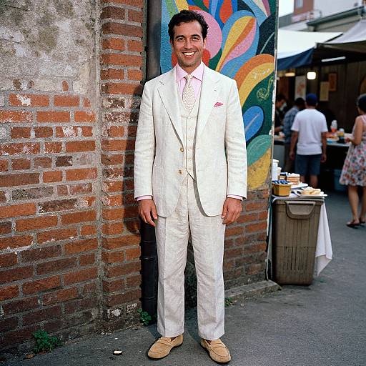 Photograph of a smiling man in white suit, pink shirt, beige loafers, standing against a brick wall with colorful graffiti, outdoor market in background