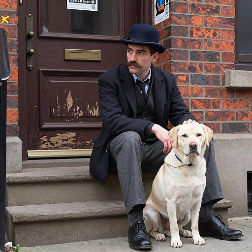 Man with Bowler Hat Sitting on Steps with Dog