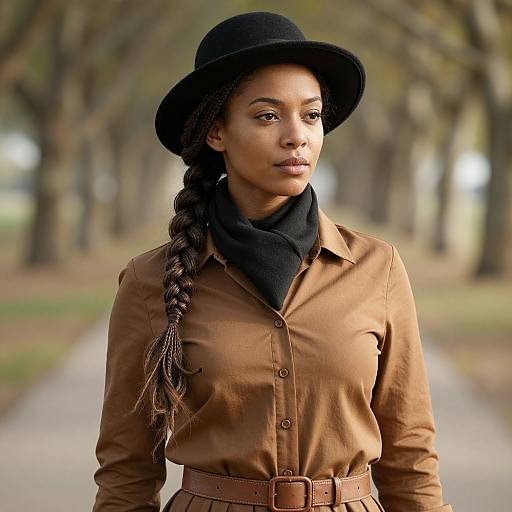 Photograph of a young Black woman with a braided ponytail, wearing a black hat, brown button-up shirt, black scarf, and brown belt