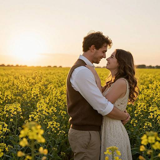 Photograph of a couple gazing into each other's eyes in a sunlit yellow wildflower field, with the man in a brown vest and white