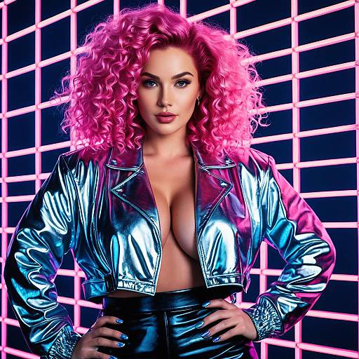 80s Neon Pink Hair Woman with Metallic Jacket