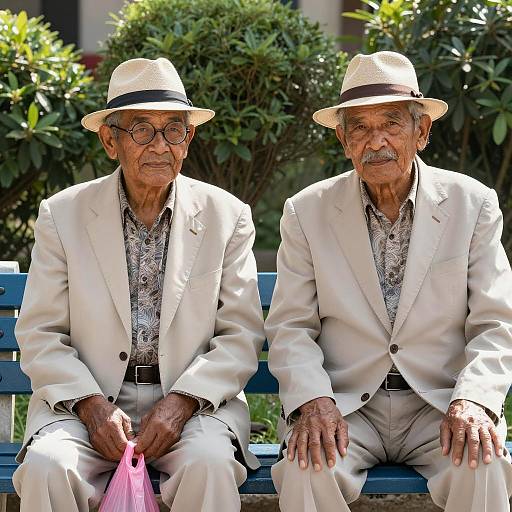Two elderly men sitting on garden bench