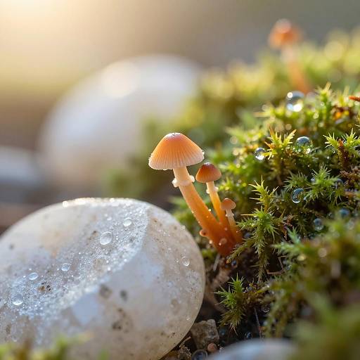 Tiny Orange Mushrooms on Dewy Moss with Quartz