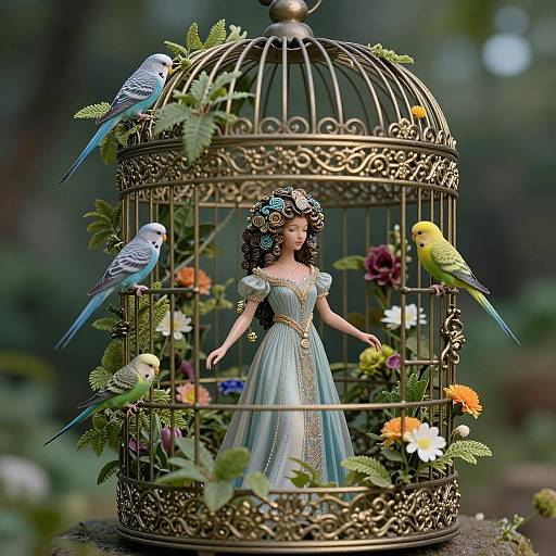 Photograph of a detailed doll in a blue gown with floral crown, surrounded by colorful birds in an ornate, gold birdcage with vibrant flowers