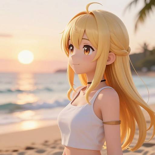 Digital anime-style artwork of a blonde girl with large brown eyes, wearing a white crop top and black choker, on a sunlit beach at sunset