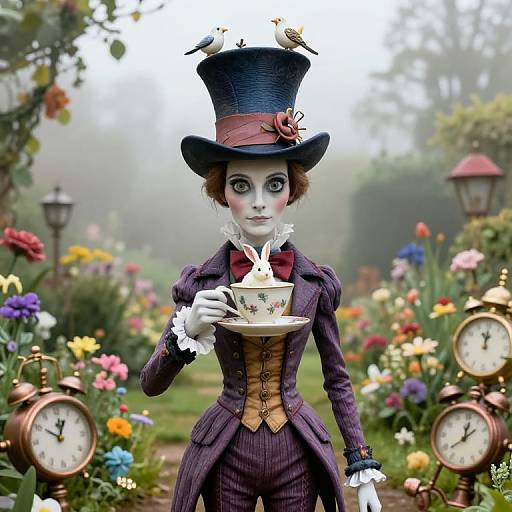 Digital artwork of a Victorian-style woman with pale skin, large eyes, and red hair, wearing a top hat and pinstripe suit, holding a