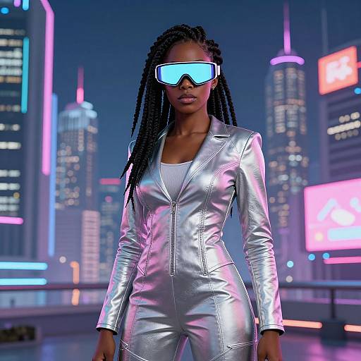 CGI image of a confident Black woman with long braids, wearing a shiny silver jumpsuit and VR headset, standing in a neon-lit futuristic