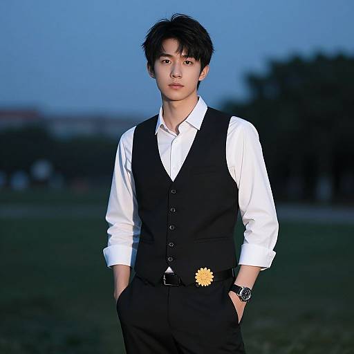 Photograph of a young Asian man with short black hair, wearing a white shirt, black vest, and black pants with a sunflower-shaped belt buckle
