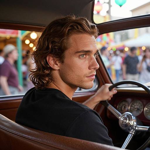 Photograph of handsome, blue-eyed, brown-haired man with wavy hair, wearing black shirt, driving classic car, looking back at bustling street.
