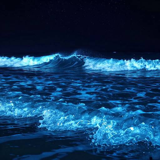 Photograph of vivid blue ocean waves crashing under a dark, starless night sky, capturing the glowing, luminescent foam against the deep blue water