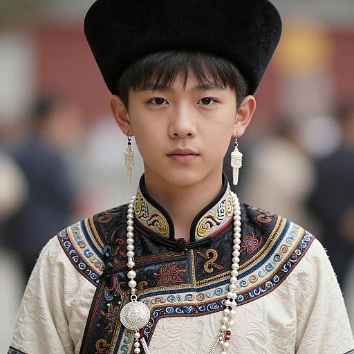 Photograph of an Asian young man in traditional Chinese attire, wearing a black hat, ornate white robe with intricate patterns, and decorative jewelry, with
