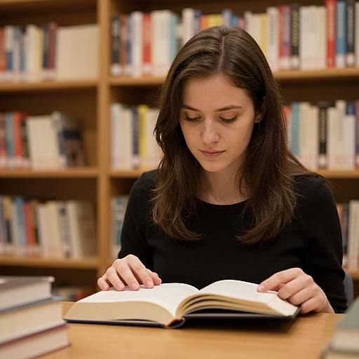 Photograph of a young woman with straight brown hair, wearing a black long-sleeve shirt, intently reading an open book at a wooden table