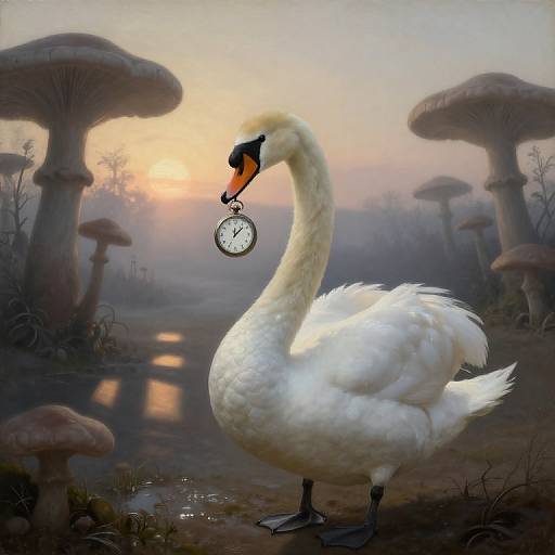 Photorealistic digital art of a white swan with a black beak holding a pocket watch, standing in a foggy, mystical forest with giant