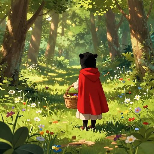 Red Riding Hood in Sunlit Forest