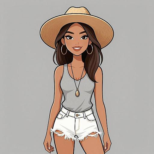 Digital illustration of a smiling, tan-skinned woman with long black hair, wearing a wide-brimmed hat, gray tank top, white frayed