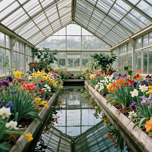 Photograph of a vibrant greenhouse with a central water channel, flanked by colorful flower beds of tulips, daffodils, and hyacin
