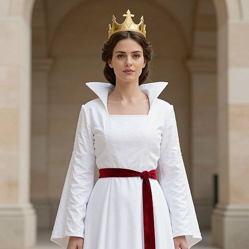 Photograph of a young woman with fair skin and dark brown hair, wearing a white dress with a red sash, gold crown, and white collar