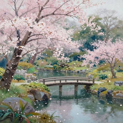 Digital painting of a serene Japanese garden with a cherry blossom tree arching over a wooden bridge, reflecting on a calm pond. Soft pink petals fall gently