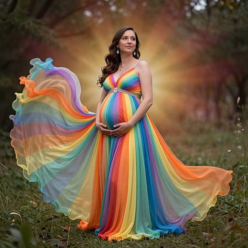 Photograph of a pregnant woman with long brown hair, wearing a flowing, rainbow-colored dress, standing in a sunlit forest, holding her baby bump