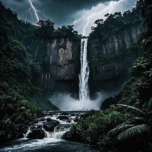 Dramatic Jungle Waterfall in Lightning