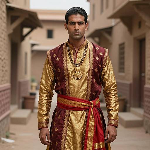 Man in Traditional Indian Attire in Rustic Alley