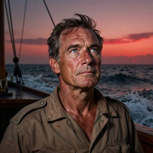 Photograph of a weathered middle-aged man with short, tousled gray hair, gazing at a vibrant sunset over the ocean, wearing a damp