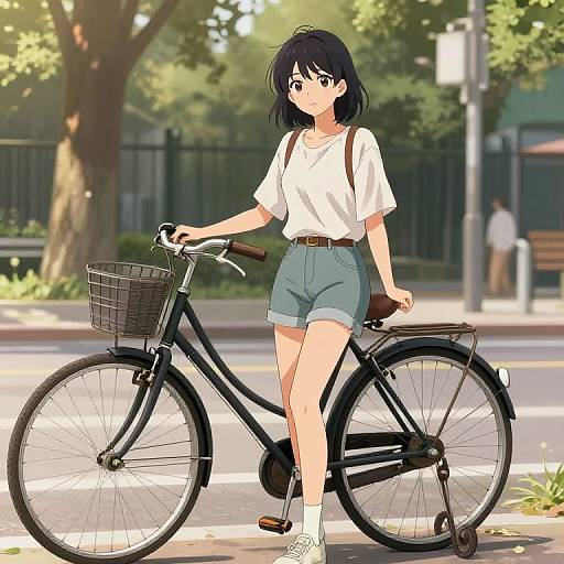 Anime-style digital drawing of a young woman with black hair, wearing a white shirt and blue shorts, standing beside a black bicycle with a basket, in