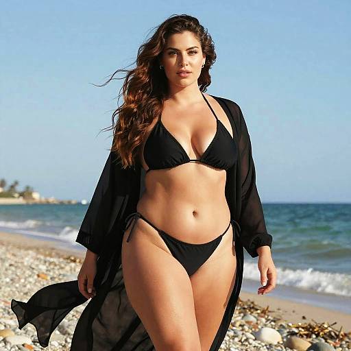 Photograph of a curvy, tan-skinned woman with long brown hair, wearing a black bikini and sheer black robe, walking on a pebble