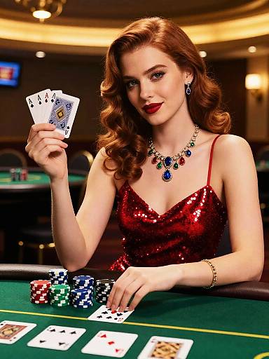 Photorealistic digital image of a red-haired woman in a sparkly red dress, holding aces, at a poker table with colorful chips.