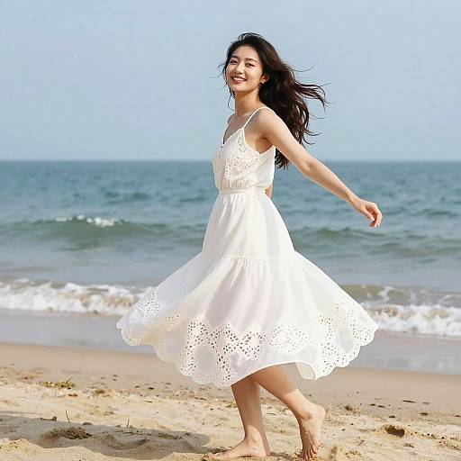 Joyful woman in white dress twirling on beach