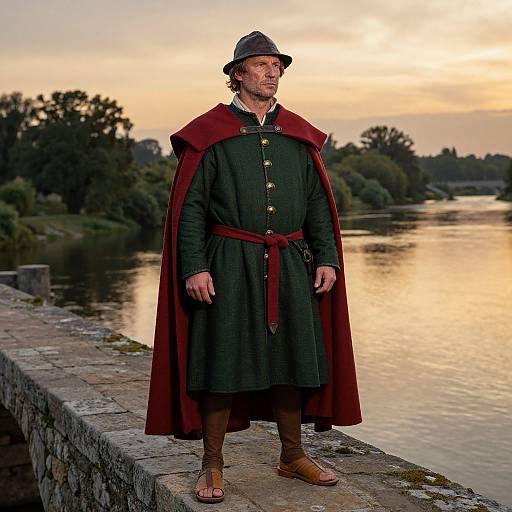Photograph of a bearded man in medieval attire with a dark green tunic, red cloak, and brown boots, standing on a stone riverbank