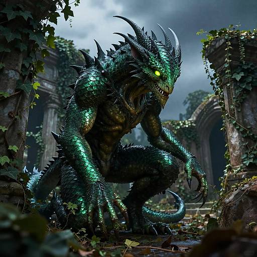 CGI digital artwork of a green, scaly, dragon-like creature with glowing yellow eyes crouching in a dark, overgrown, ancient ruin