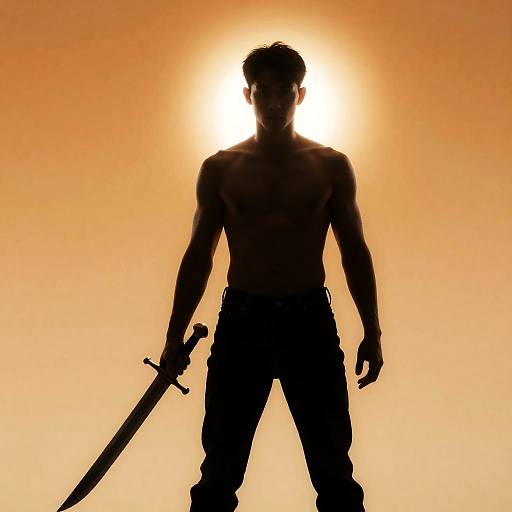 Muscular Silhouette with Sword and Halo