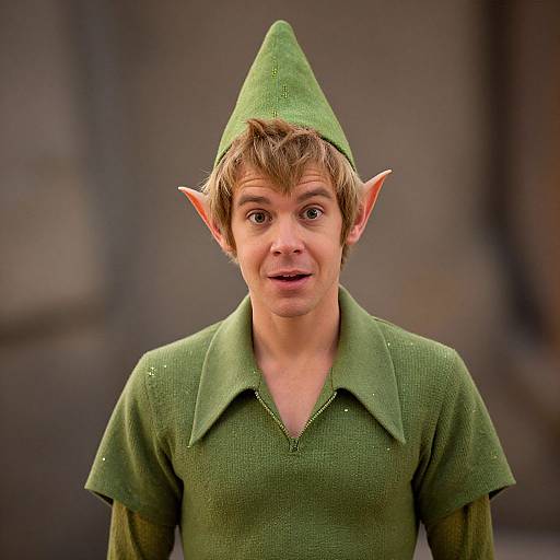 Photograph of a young man with light brown hair, wearing a green elf costume with pointed ears and collar, looking surprised. Blurred dark background.