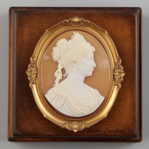 Photograph of a white, intricately carved, 19th-century profile bust of a woman in a golden oval frame, mounted on a dark wooden