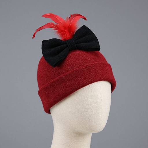 Photograph of a white mannequin head wearing a red knit hat with a black bow and red feather accents, against a plain gray background.