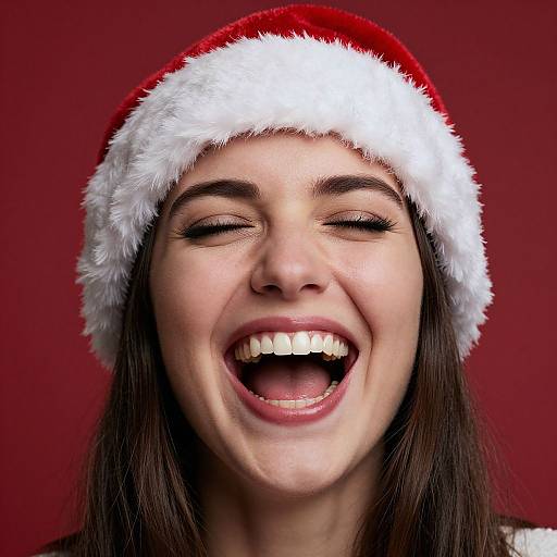 Photograph of a smiling young woman with closed eyes, wearing a red Santa hat with white fur trim, against a red background.